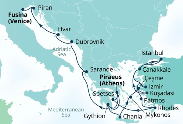 Carte de l’itinéraire Seabourn Quest, Le Pirée (Athènes), Grèce → Fusina (Venise), Italie