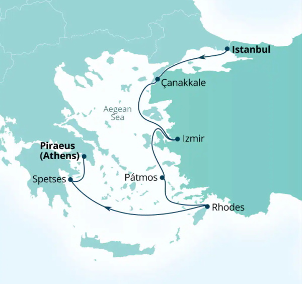 Carte de l’itinéraire Seabourn Quest, Istanbul, Turquie → Le Pirée (Athènes), Grèce