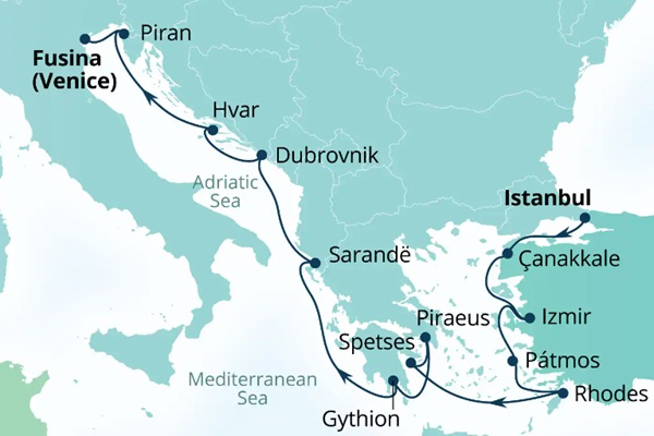 Carte de l’itinéraire Seabourn Quest, Istanbul, Turquie → Fusina (Venise), Italie