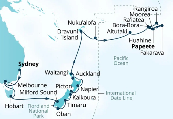Carte de l’itinéraire Seabourn Quest, Sydney, Australie → Papeete, Polynésie française