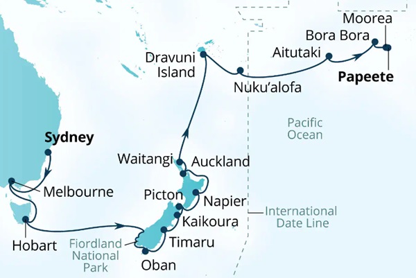 Carte de l’itinéraire Seabourn Quest, Sydney, Australie → Papeete, Polynésie française