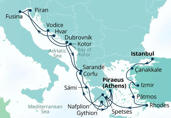 Carte de l’itinéraire Seabourn Quest, Istanbul, Turquie → Le Pirée (Athènes), Grèce