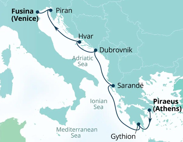 Carte de l’itinéraire Seabourn Quest, Le Pirée (Athènes), Grèce → Fusina (Venise), Italie