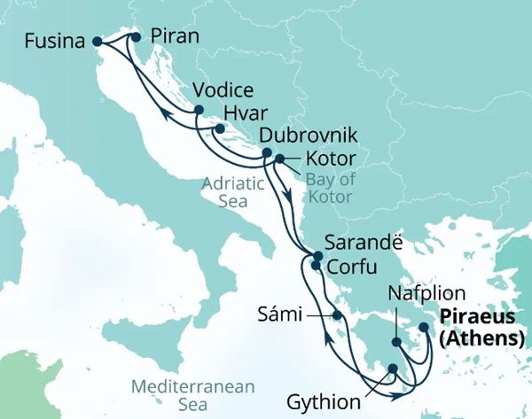 Carte de l’itinéraire Seabourn Quest, Le Pirée (Athènes), Grèce → Le Pirée (Athènes), Grèce