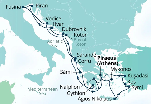 Carte de l’itinéraire Seabourn Quest, Le Pirée (Athènes), Grèce → Le Pirée (Athènes), Grèce
