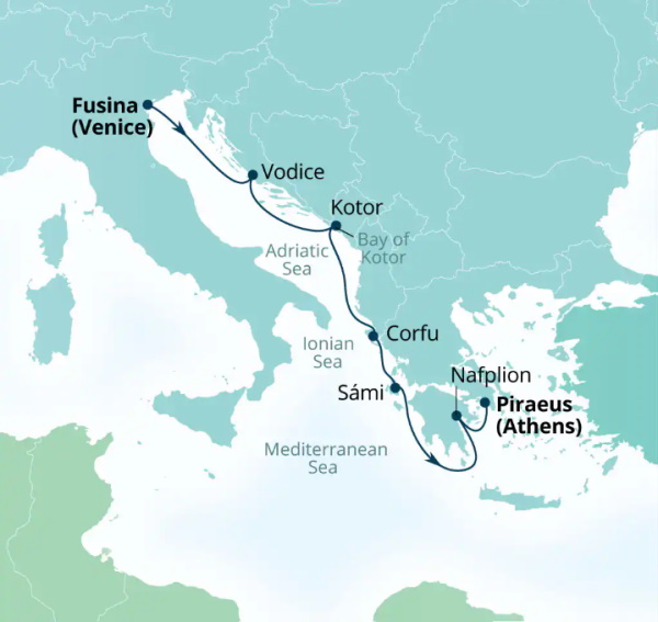 Carte de l’itinéraire Seabourn Quest, Fusina (Venise), Italie → Le Pirée (Athènes), Grèce