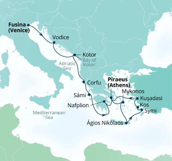 Carte de l’itinéraire Seabourn Quest, Fusina (Venise), Italie → Le Pirée (Athènes), Grèce