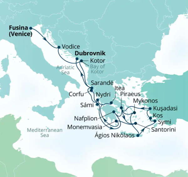 Carte de l’itinéraire Seabourn Quest, Fusina (Venise), Italie → Dubrovnik, Croatie
