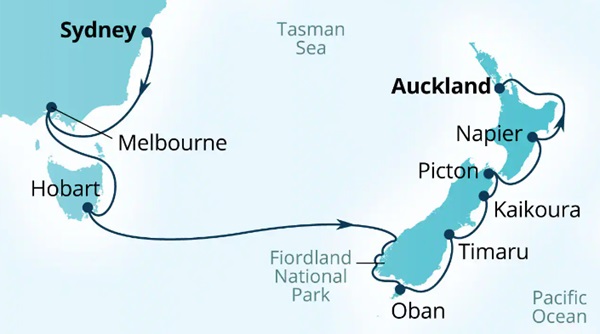 Carte de l’itinéraire Seabourn Quest, Sydney, Australie → Auckland, Nouvelle-Zélande