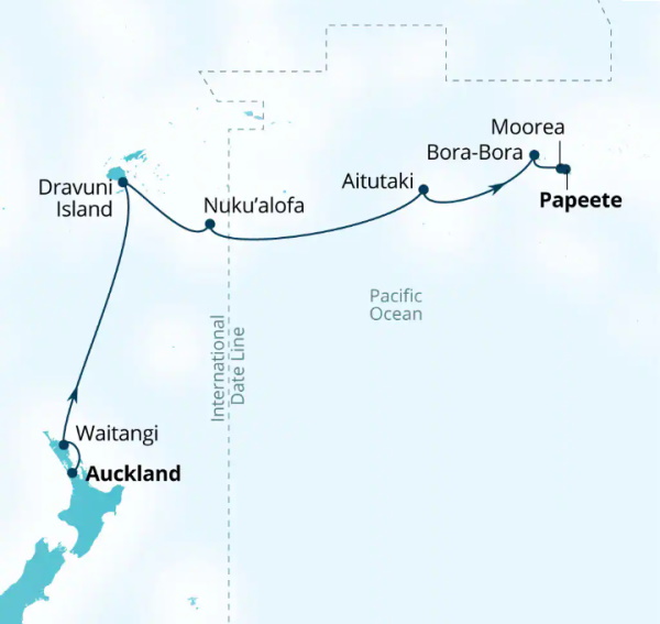 Carte de l’itinéraire Seabourn Quest, Auckland, Nouvelle-Zélande → Papeete, Polynésie française