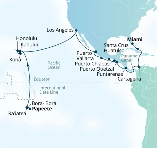 Carte de l’itinéraire Seabourn Quest, Papeete, Polynésie française → Miami, Florida, États-Unis