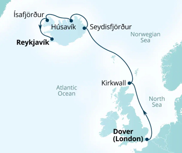 Carte de l’itinéraire Seabourn Quest, Angleterre, Royaume-Uni → Reykjavík, Islande