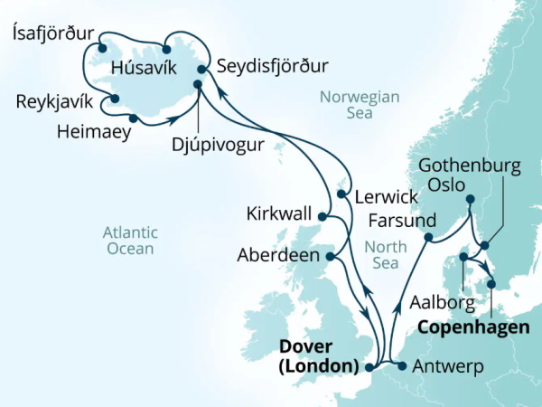 Carte de l’itinéraire Seabourn Quest, Angleterre, Royaume-Uni → Copenhague, Danemark