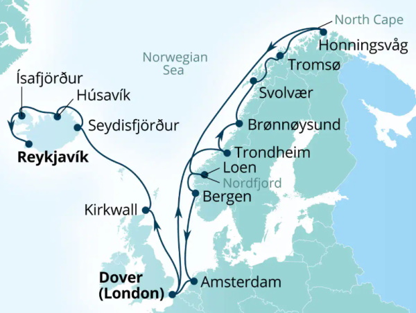 Carte de l’itinéraire Seabourn Quest, Angleterre, Royaume-Uni → Reykjavík, Islande