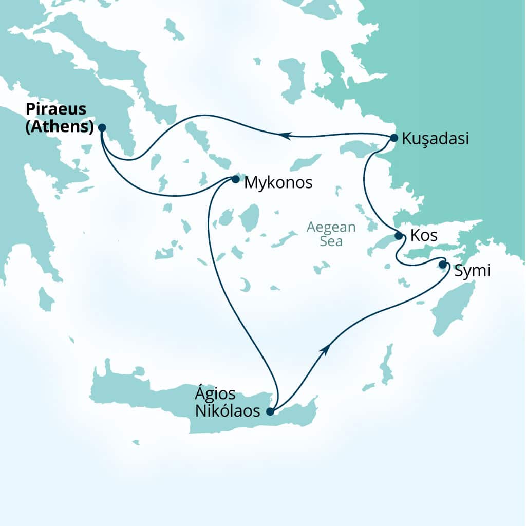 Carte de l’itinéraire Seabourn Quest, Le Pirée (Athènes), Grèce → Le Pirée (Athènes), Grèce