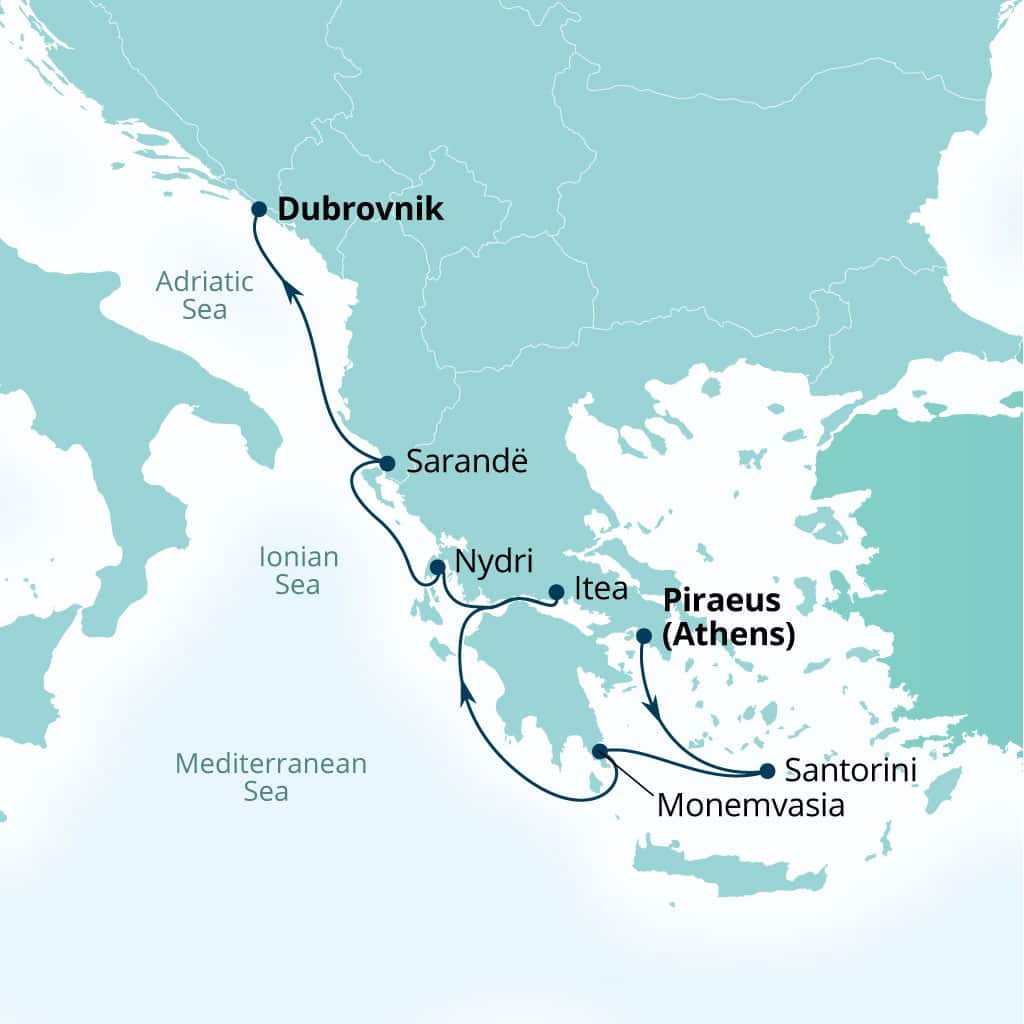 Carte de l’itinéraire Seabourn Quest, Le Pirée (Athènes), Grèce → Dubrovnik, Croatie