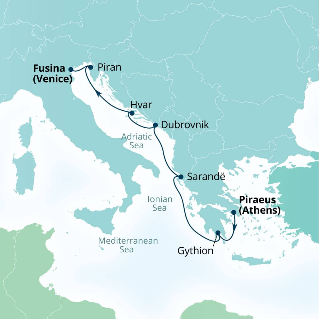 Carte de l’itinéraire Seabourn Quest, Le Pirée (Athènes), Grèce → Fusina (Venise), Italie