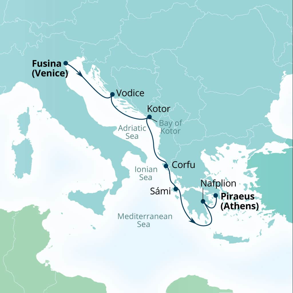 Carte de l’itinéraire Seabourn Quest, Fusina (Venise), Italie → Le Pirée (Athènes), Grèce