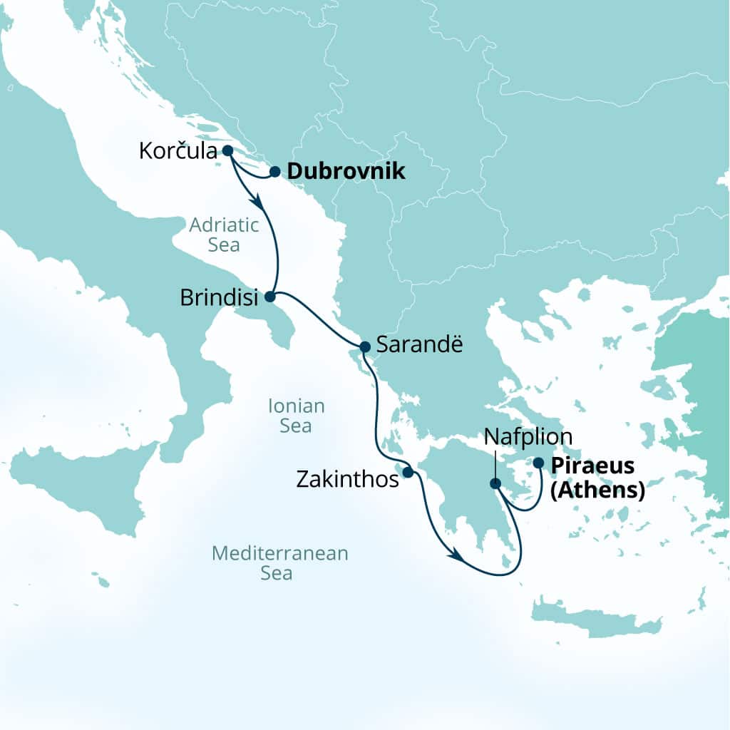 Carte de l’itinéraire Seabourn Quest, Dubrovnik, Croatie → Le Pirée (Athènes), Grèce