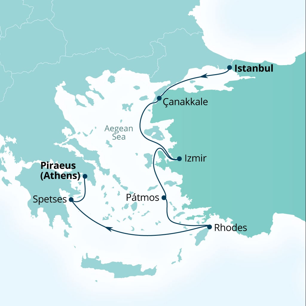 Carte de l’itinéraire Seabourn Quest, Istanbul, Turquie → Le Pirée (Athènes), Grèce
