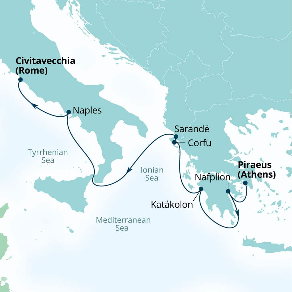 Carte de l’itinéraire Seabourn Quest, Le Pirée (Athènes), Grèce → Civitavecchia (Rome), Italie