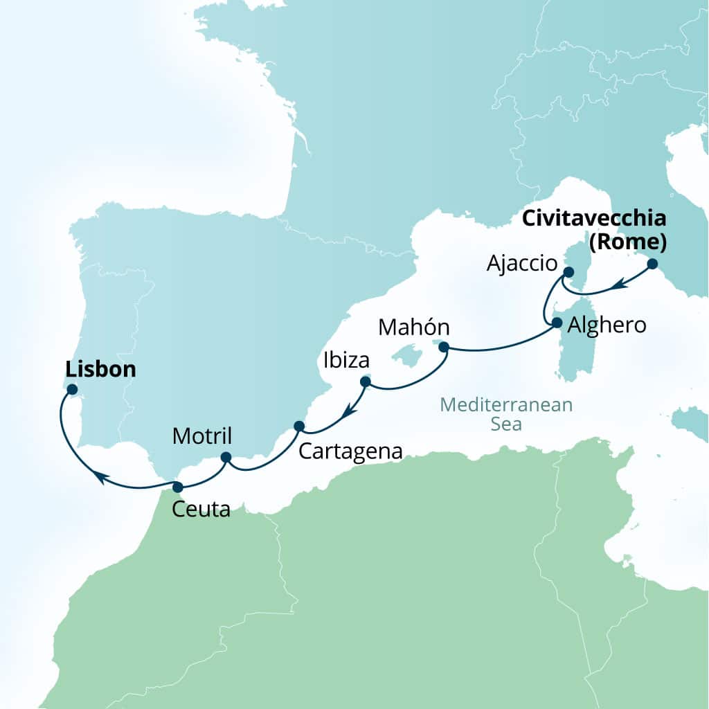 Carte de l’itinéraire Seabourn Quest, Civitavecchia (Rome), Italie → Lisbonne, Portugal