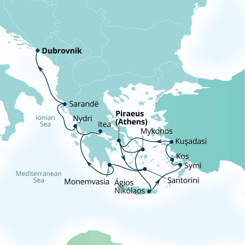 Carte de l’itinéraire Seabourn Quest, Le Pirée (Athènes), Grèce → Dubrovnik, Croatie