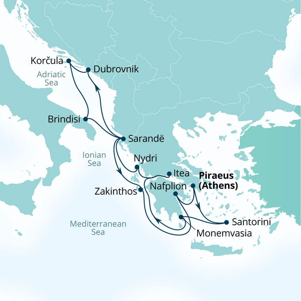 Carte de l’itinéraire Seabourn Quest, Le Pirée (Athènes), Grèce → Le Pirée (Athènes), Grèce