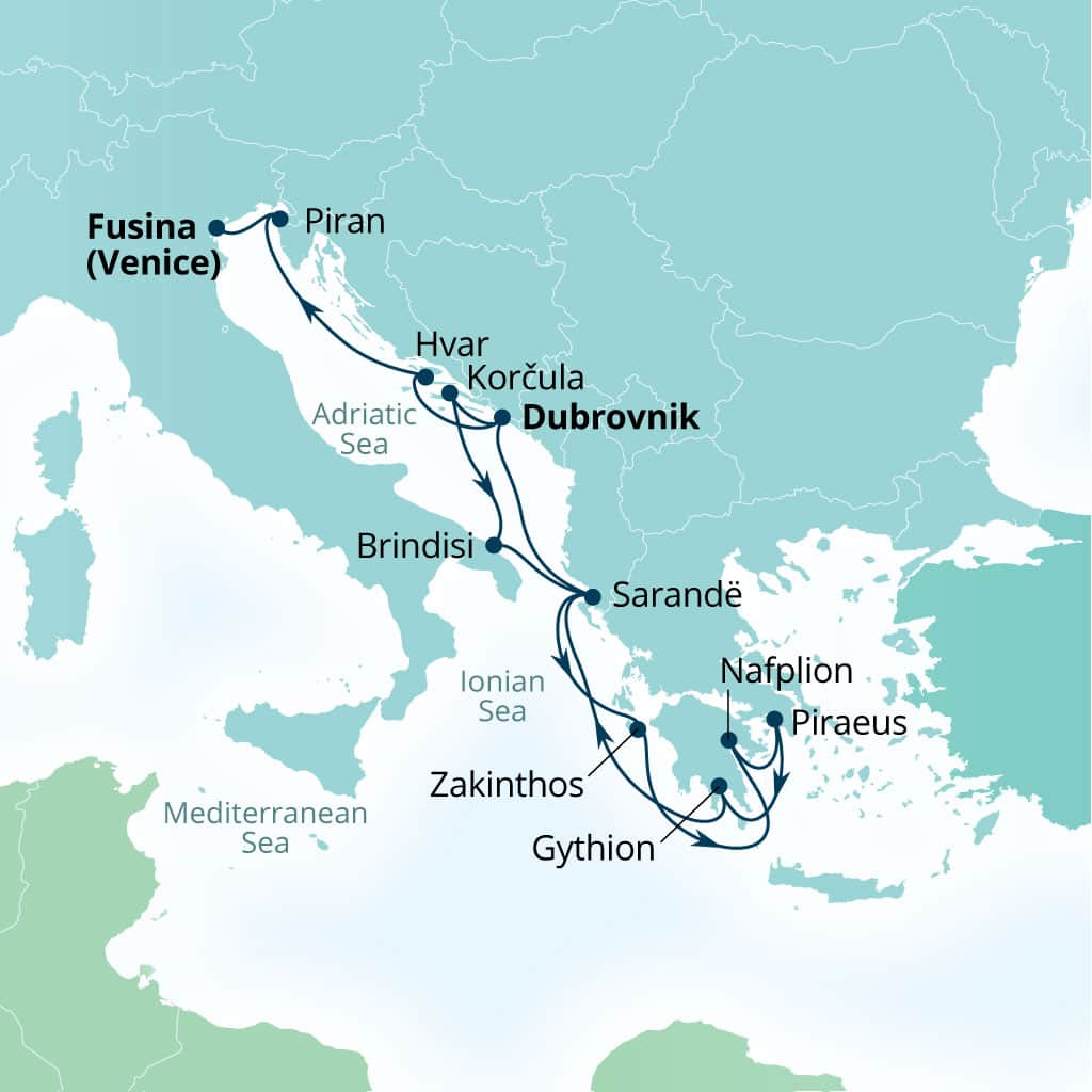 Carte de l’itinéraire Seabourn Quest, Dubrovnik, Croatie → Fusina (Venise), Italie