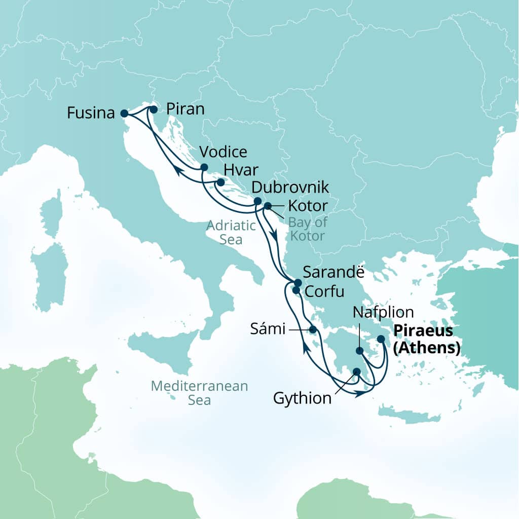 Carte de l’itinéraire Seabourn Quest, Le Pirée (Athènes), Grèce → Le Pirée (Athènes), Grèce