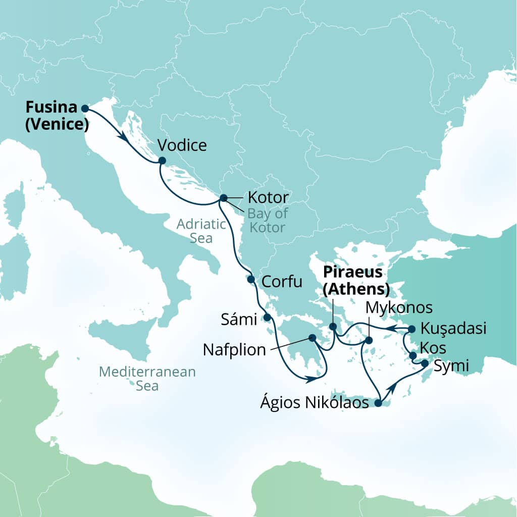 Carte de l’itinéraire Seabourn Quest, Fusina (Venise), Italie → Le Pirée (Athènes), Grèce
