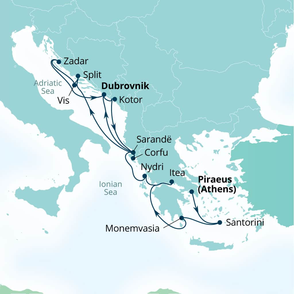 Carte de l’itinéraire Seabourn Quest, Le Pirée (Athènes), Grèce → Dubrovnik, Croatie