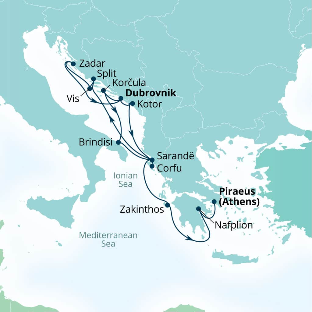 Carte de l’itinéraire Seabourn Quest, Dubrovnik, Croatie → Le Pirée (Athènes), Grèce