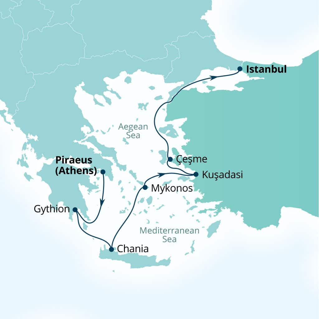 Carte de l’itinéraire Seabourn Quest, Dubrovnik, Croatie → Istanbul, Turquie