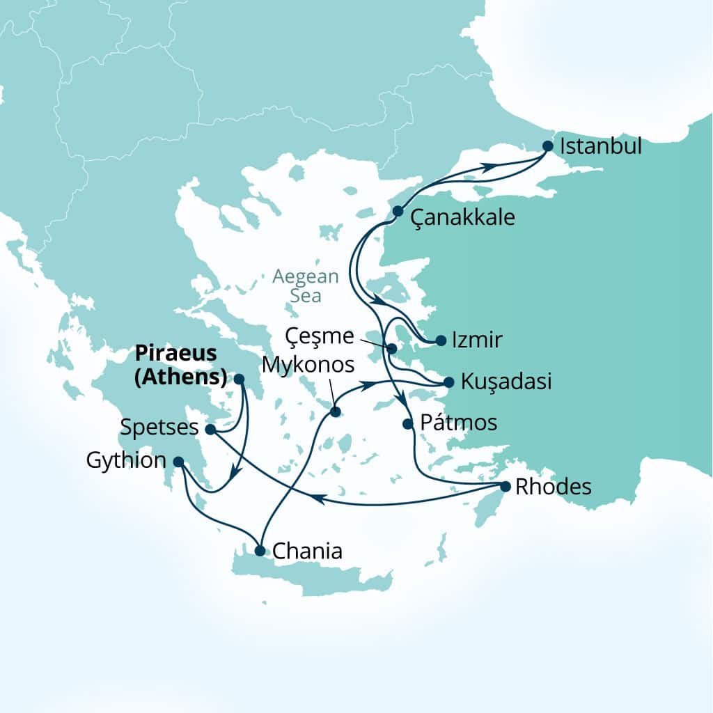 Carte de l’itinéraire Seabourn Quest, Le Pirée (Athènes), Grèce → Le Pirée (Athènes), Grèce