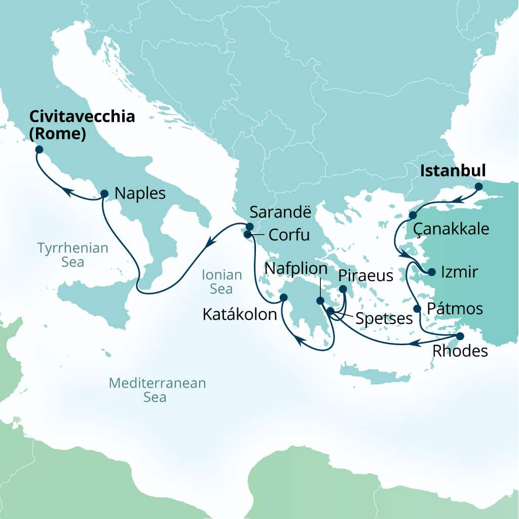 Carte de l’itinéraire Seabourn Quest, Istanbul, Turquie → Civitavecchia (Rome), Italie