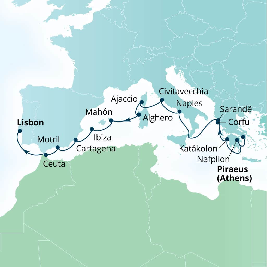 Carte de l’itinéraire Seabourn Quest, Le Pirée (Athènes), Grèce → Lisbonne, Portugal