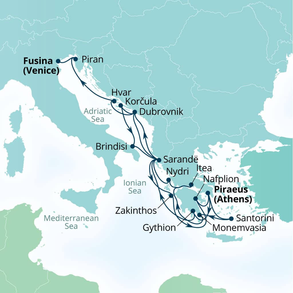 Carte de l’itinéraire Seabourn Quest, Le Pirée (Athènes), Grèce → Fusina (Venise), Italie