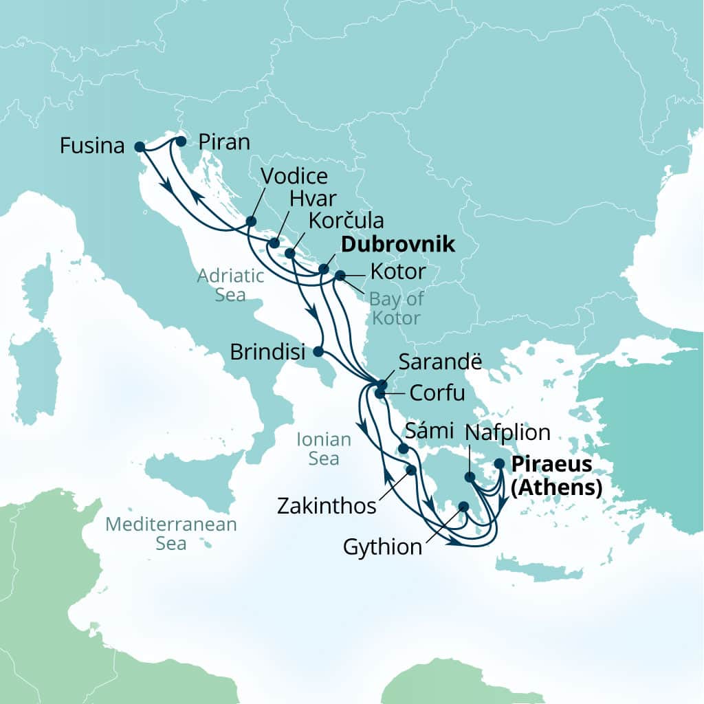 Carte de l’itinéraire Seabourn Quest, Dubrovnik, Croatie → Le Pirée (Athènes), Grèce