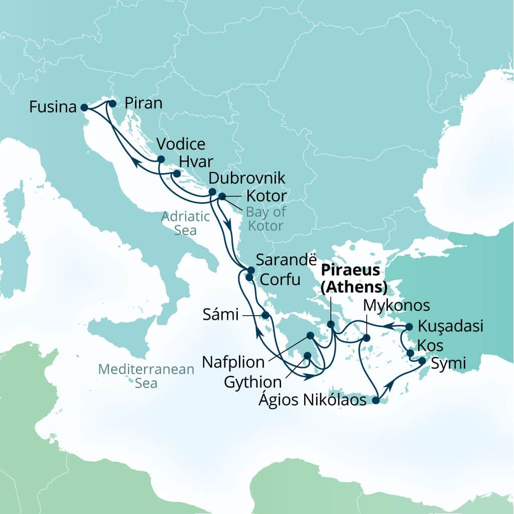 Carte de l’itinéraire Seabourn Quest, Le Pirée (Athènes), Grèce → Le Pirée (Athènes), Grèce