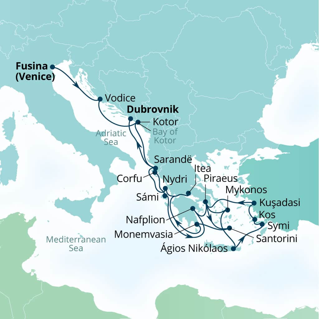 Carte de l’itinéraire Seabourn Quest, Fusina (Venise), Italie → Dubrovnik, Croatie