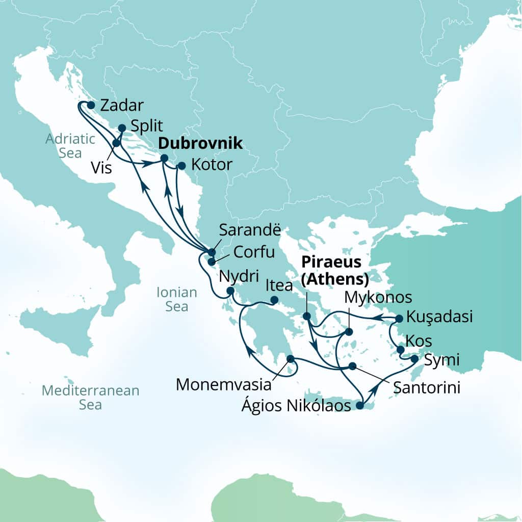 Carte de l’itinéraire Seabourn Quest, Le Pirée (Athènes), Grèce → Dubrovnik, Croatie