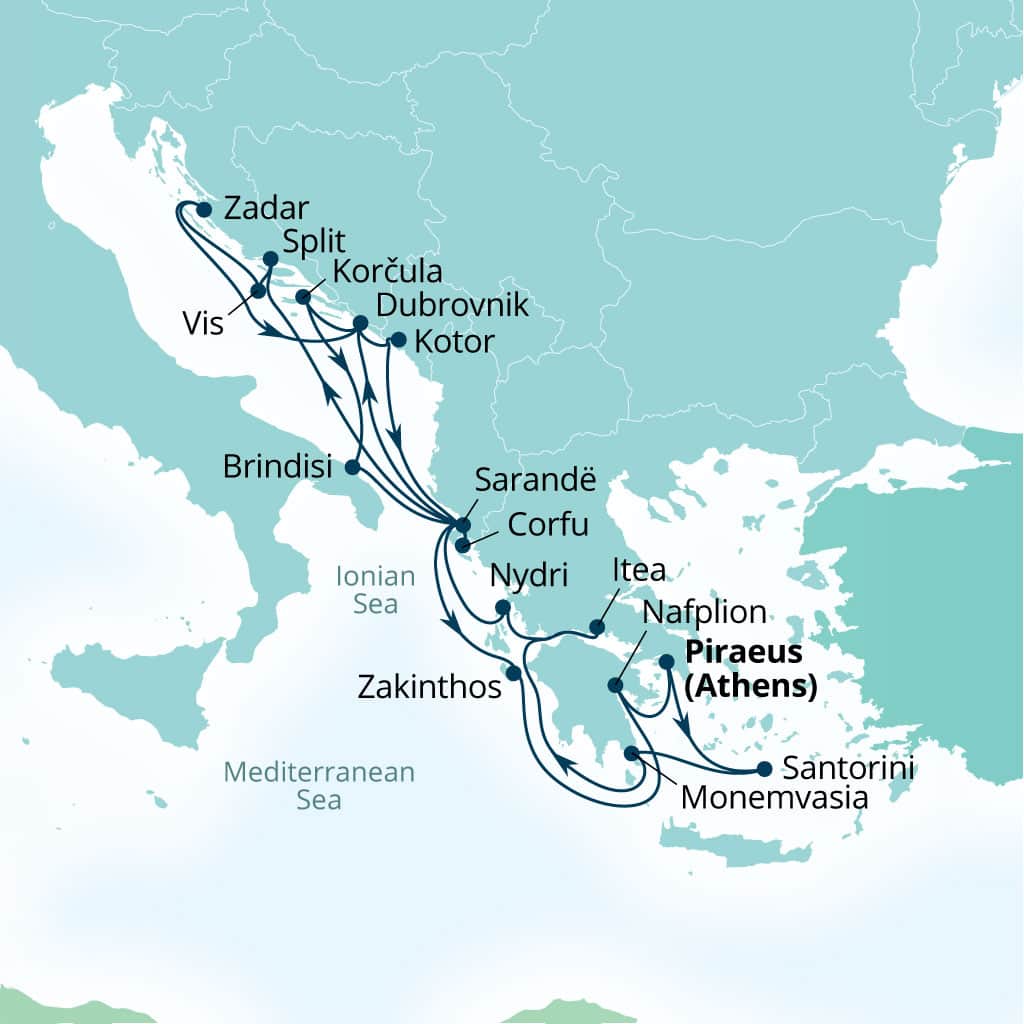 Carte de l’itinéraire Seabourn Quest, Le Pirée (Athènes), Grèce → Le Pirée (Athènes), Grèce