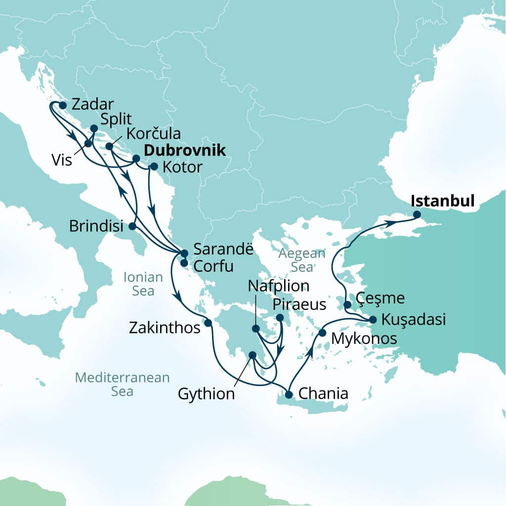Carte de l’itinéraire Seabourn Quest, Dubrovnik, Croatie → Istanbul, Turquie