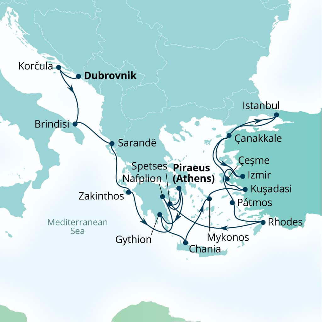 Carte de l’itinéraire Seabourn Quest, Dubrovnik, Croatie → Le Pirée (Athènes), Grèce