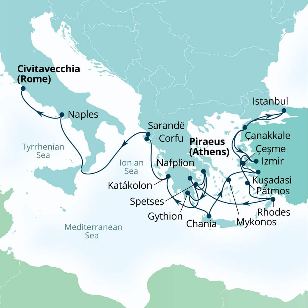 Carte de l’itinéraire Seabourn Quest, Le Pirée (Athènes), Grèce → Civitavecchia (Rome), Italie