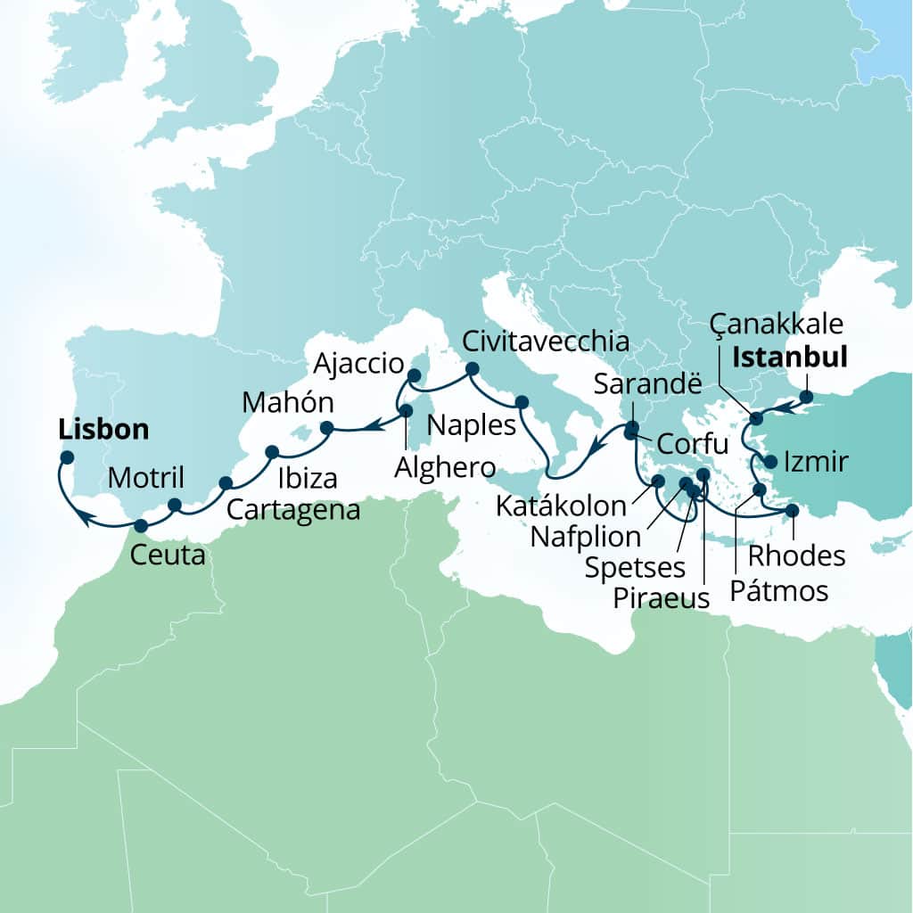 Carte de l’itinéraire Seabourn Quest, Istanbul, Turquie → Lisbonne, Portugal