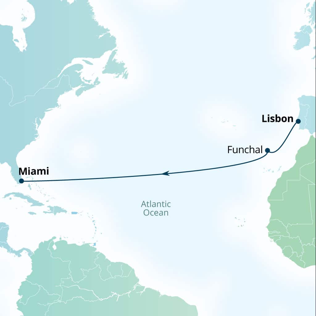 Carte de l’itinéraire Seabourn Quest, Lisbonne, Portugal → Miami, Florida, États-Unis