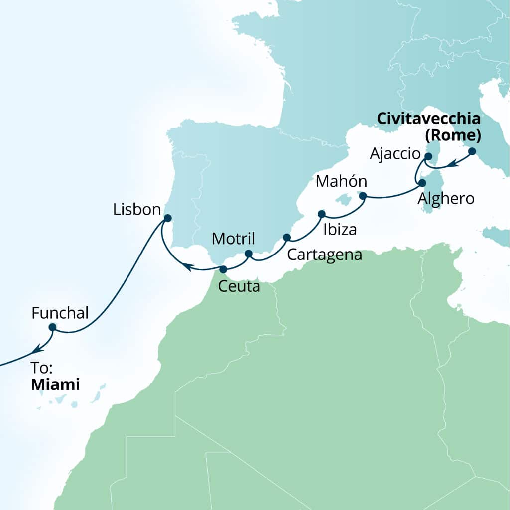Carte de l’itinéraire Seabourn Quest, Civitavecchia (Rome), Italie → Miami, Florida, États-Unis
