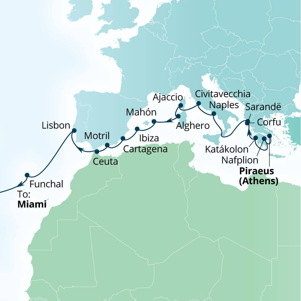 Carte de l’itinéraire Seabourn Quest, Le Pirée (Athènes), Grèce → Miami, Florida, États-Unis
